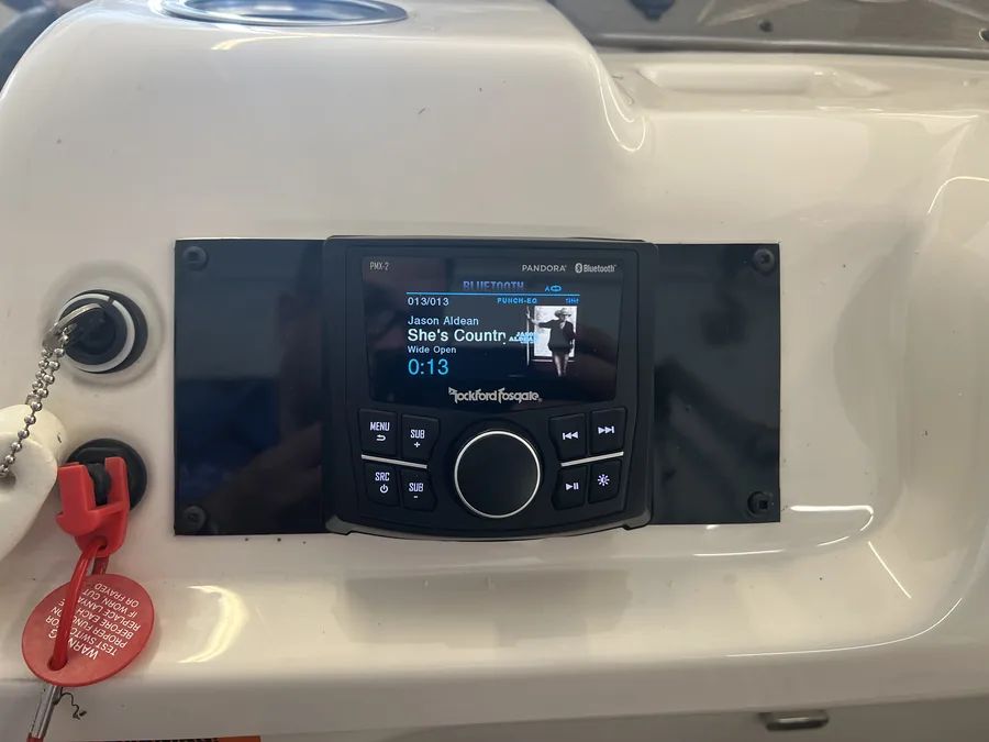 Lavigne's Car Audio installed a Rockford Fosgate head unit in a boat dash in North Bay, Ontario