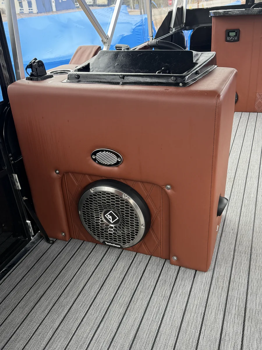 Lavigne's Car Audio fabricated a custom upholstered speaker pod for a boat in North Bay, Ontario