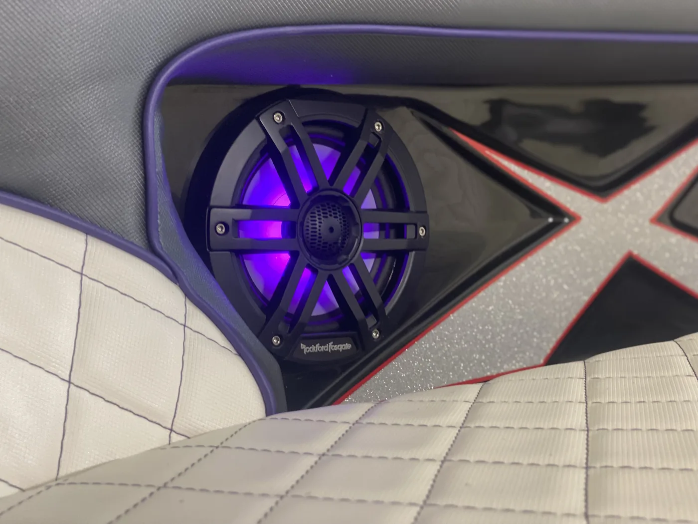 Lavigne's Car Audio installed Rockford Fosgate tower speakers with RGB lighting in a wake boat in North Bay, Ontario