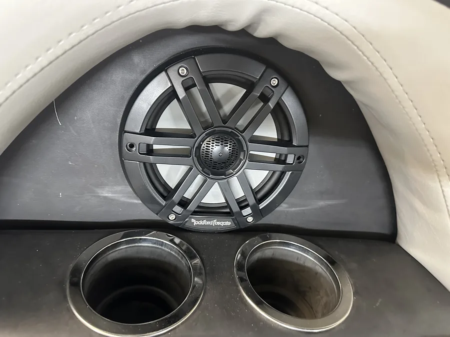 Lavigne's Car Audio installed a Rockford Fosgate marine speaker in a boat bench panel in North Bay, Ontario