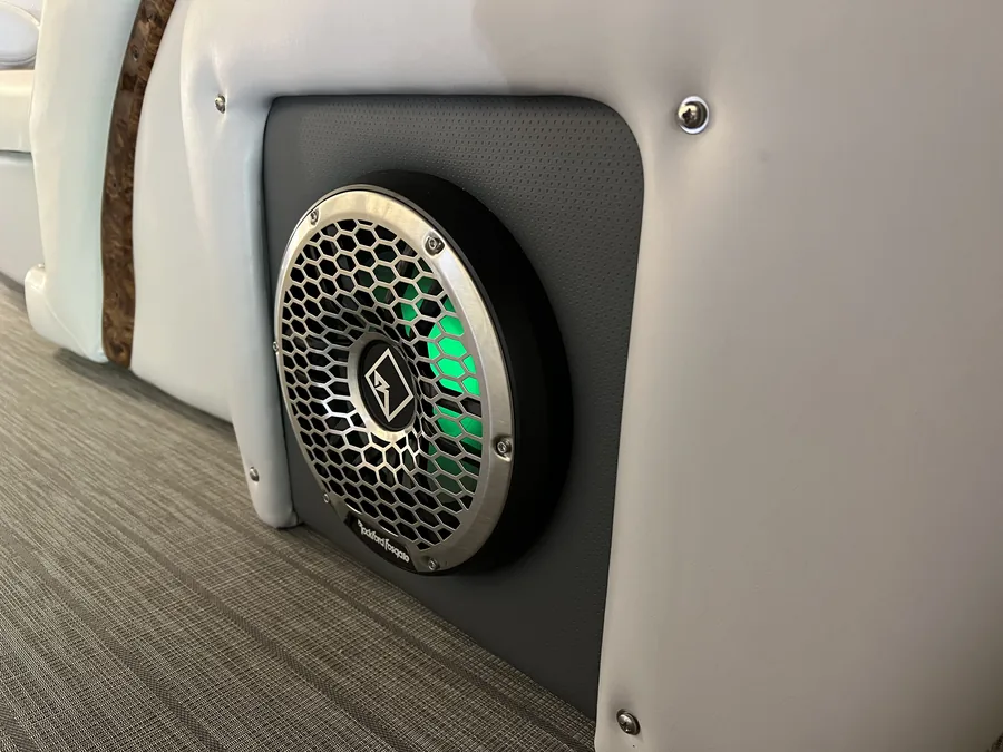 Lavigne's Car Audio installed a marine speaker with RGB lighting on a pontoon in North Bay, Ontario