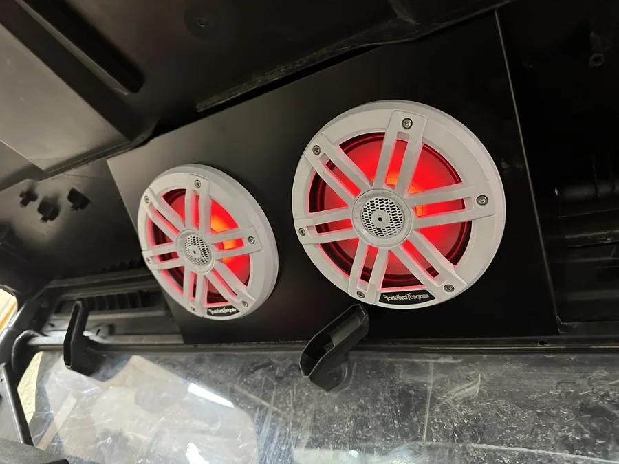 Lavigne's Car Audio installed a pair of RGB-lit Rockford Fosgate speakers in North Bay, Ontario